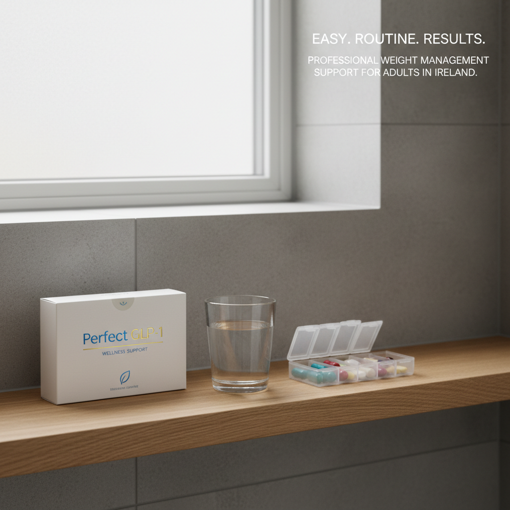 An elegant, minimalist bathroom shelf made of light oak, holding a single GLP-1 wellness box branded "Perfect GLP-1", a glass of clear water, and a simple weekly pill organizer. The background reveals soft grey tiles and a frosted window, with diffused morning light washing the scene in a fresh, quiet glow. Photographic realism emphasizes the crisp packaging details and smooth materials. Shot from a slightly elevated angle using the rule of thirds, the composition leaves negative space for overlay text. The atmosphere feels organized, easy, and routine-focused, reinforcing convenient daily use and professional, wellness-oriented weight management support for adults in Ireland.